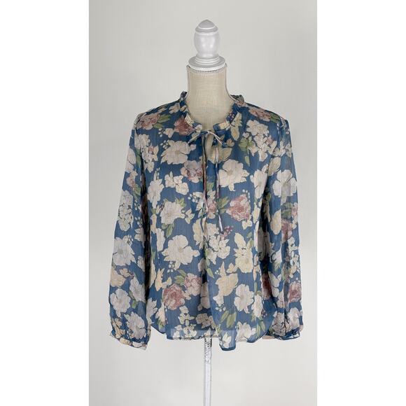 MNG Mango Floral Tie Long Sleeve Blouse Womens Size 10 Blue New Sheer - Picture 4 of 15